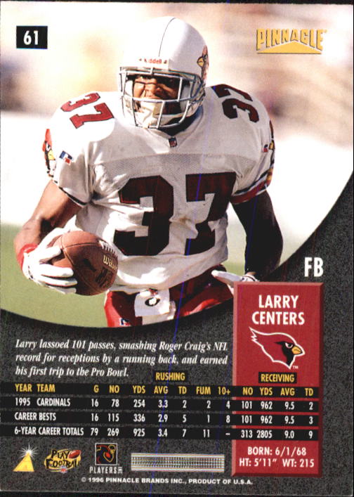 1996 Pinnacle Premium Stock Silver #61 Larry Centers back image