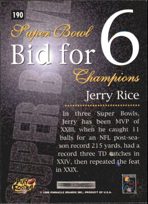 1996 Pinnacle Premium Stock Silver #190 Jerry Rice back image