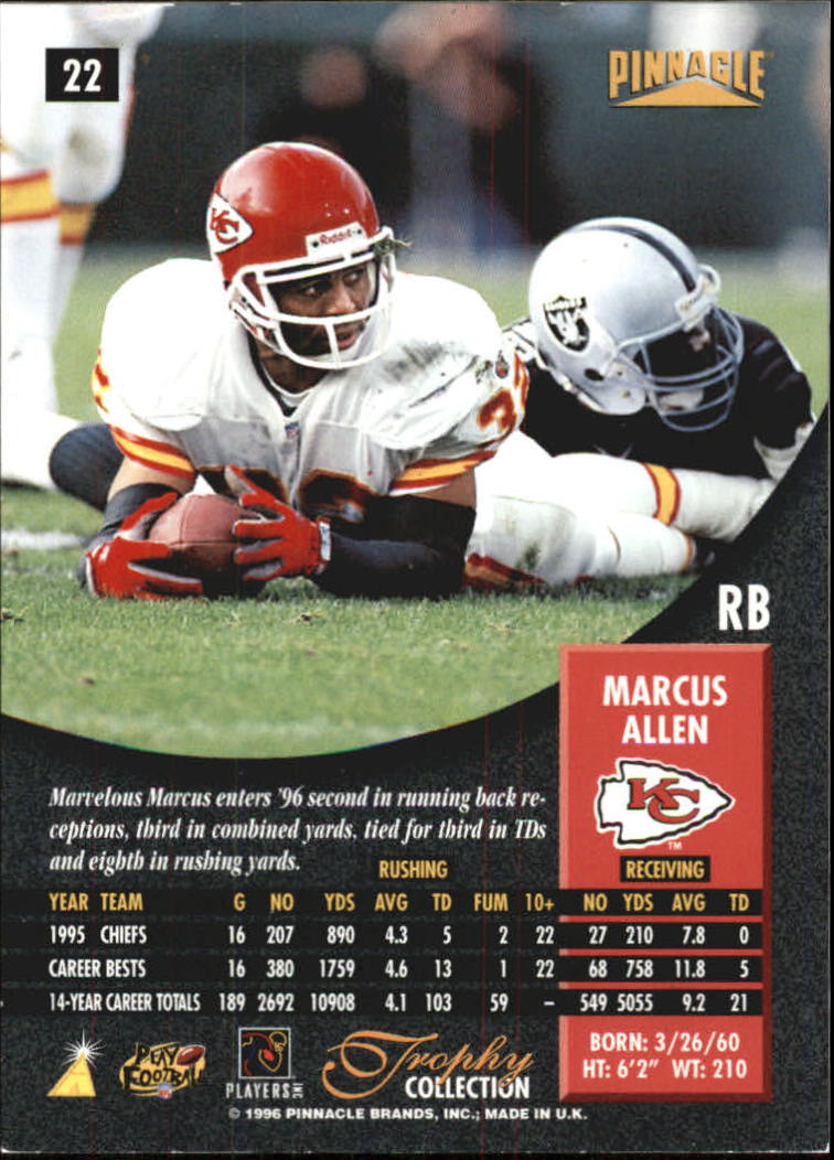 1996 Pinnacle Trophy Collection #22 Marcus Allen back image