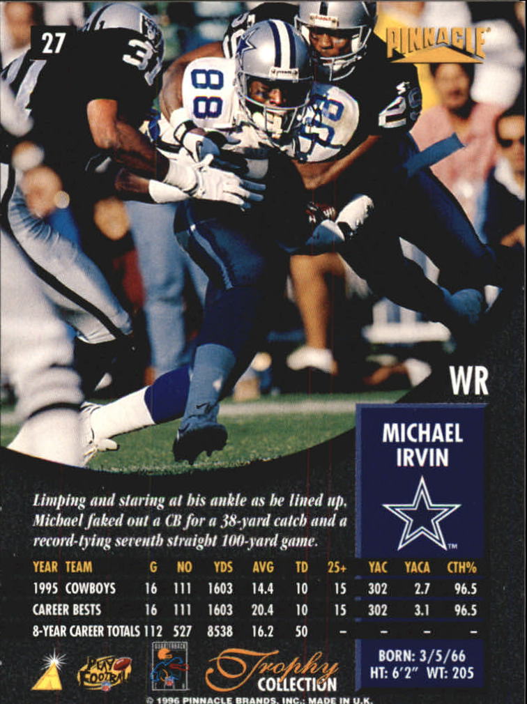 1996 Pinnacle Trophy Collection #27 Michael Irvin back image