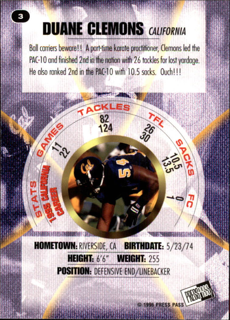 1996 Press Pass #3 Duane Clemons back image