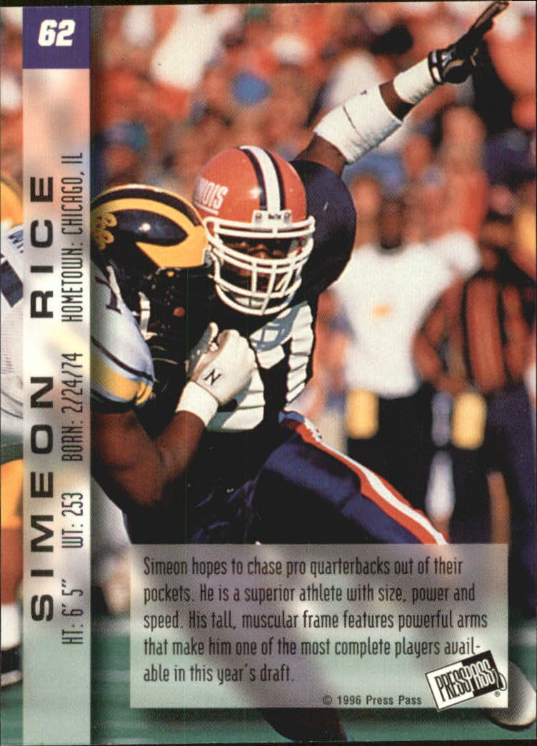 1996 Press Pass Paydirt #62 Simeon Rice back image