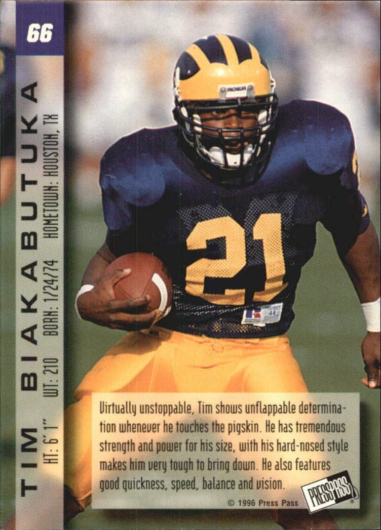 1996 Press Pass Paydirt #66 Tim Biakabutuka back image