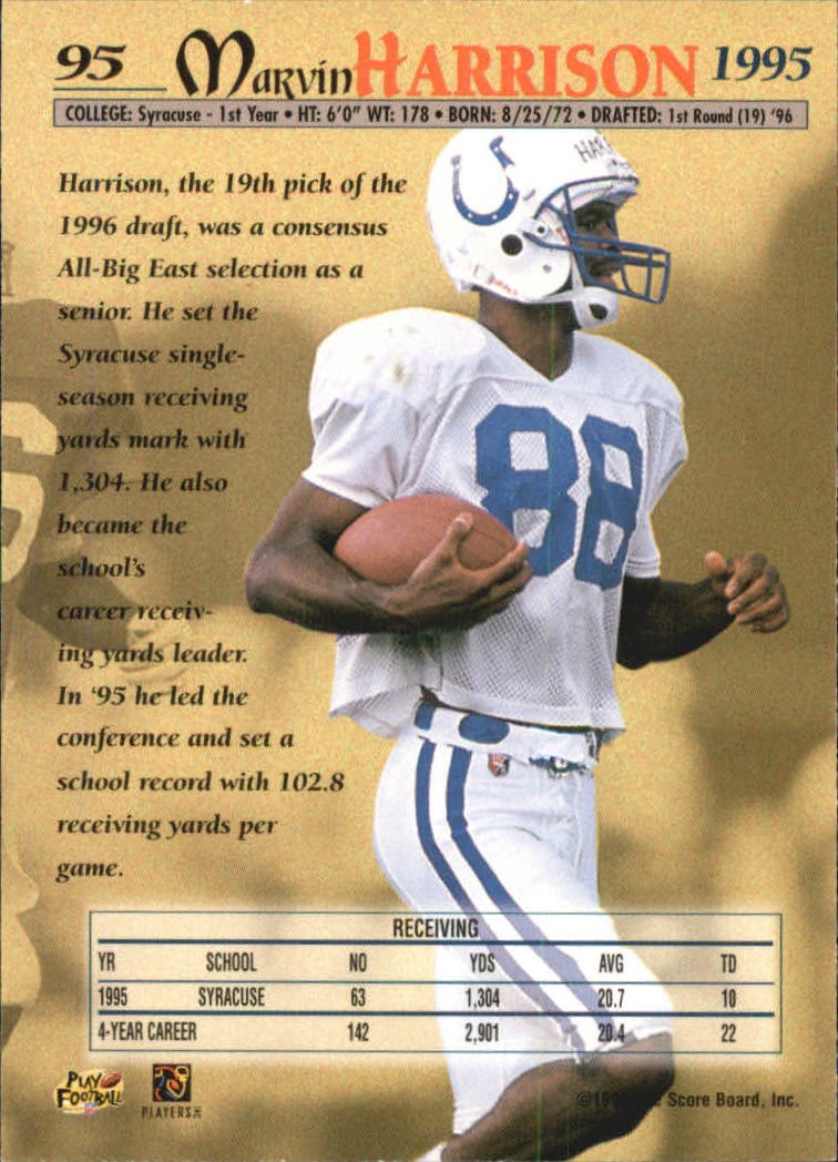 1996 Pro Line Memorabilia #95 Marvin Harrison RC back image
