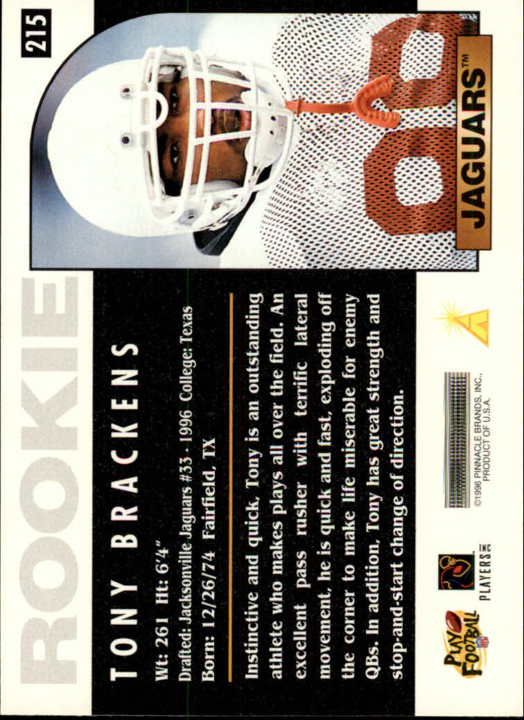 1996 Score #215 Tony Brackens RC back image