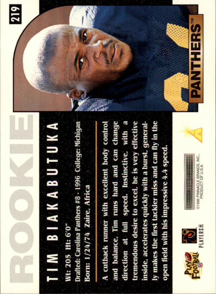 1996 Score #219 Tim Biakabutuka RC back image