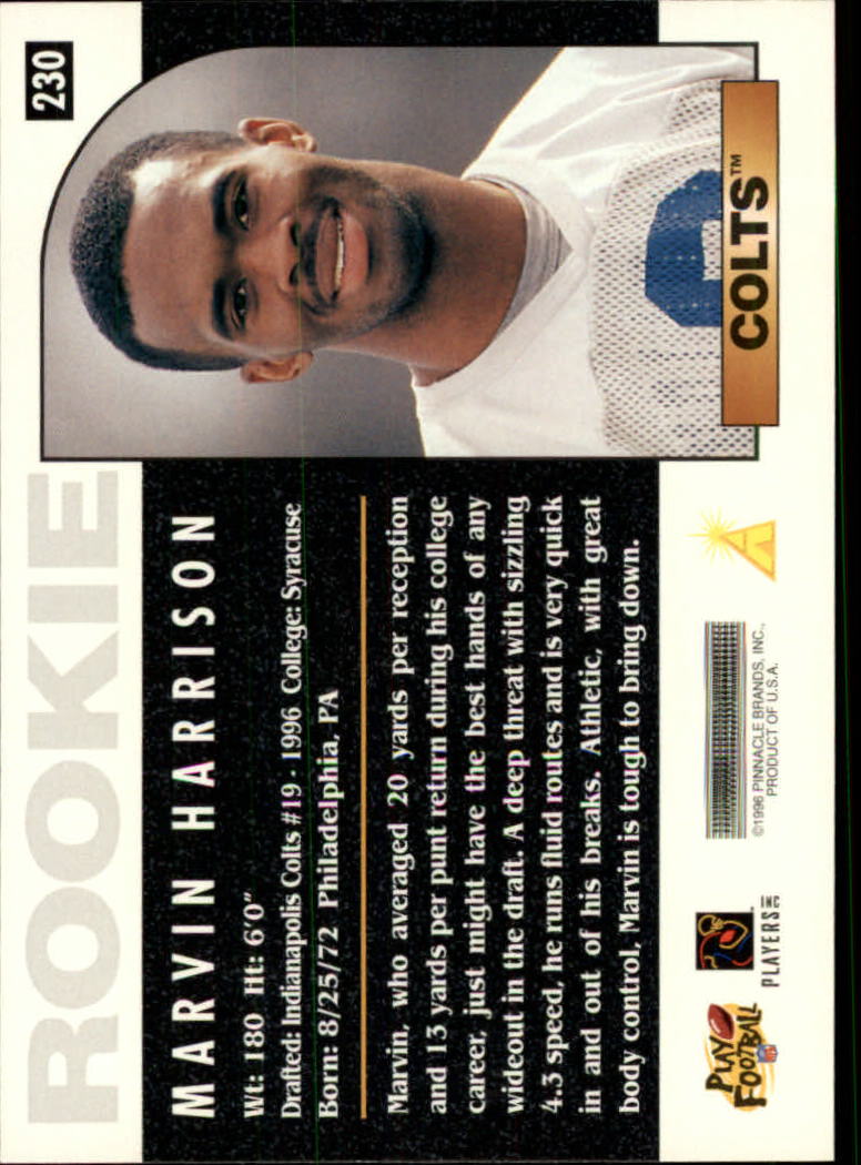 1996 Score #230 Marvin Harrison RC back image