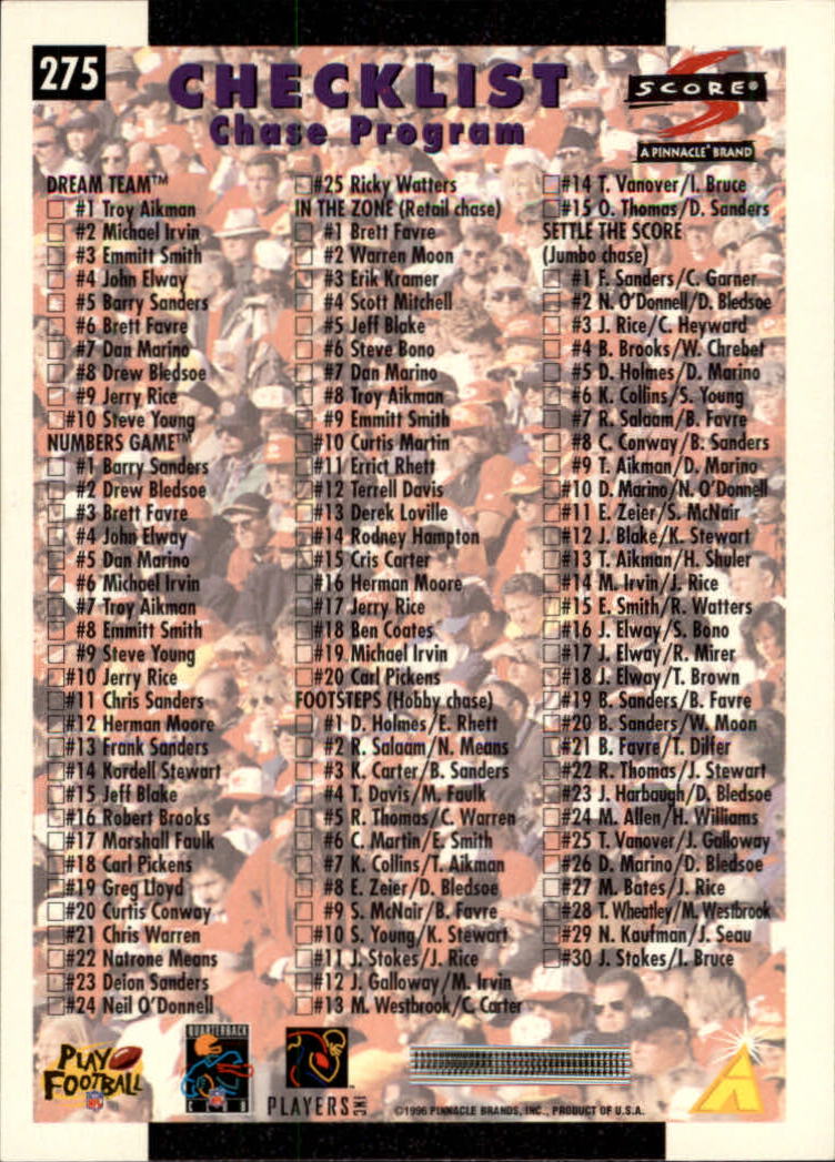 1996 Score #275 Dan Marino/Jeff Blake/John Elway/Emmitt Smith/Brett Favre/Jerry Rice/Checklist Card back image