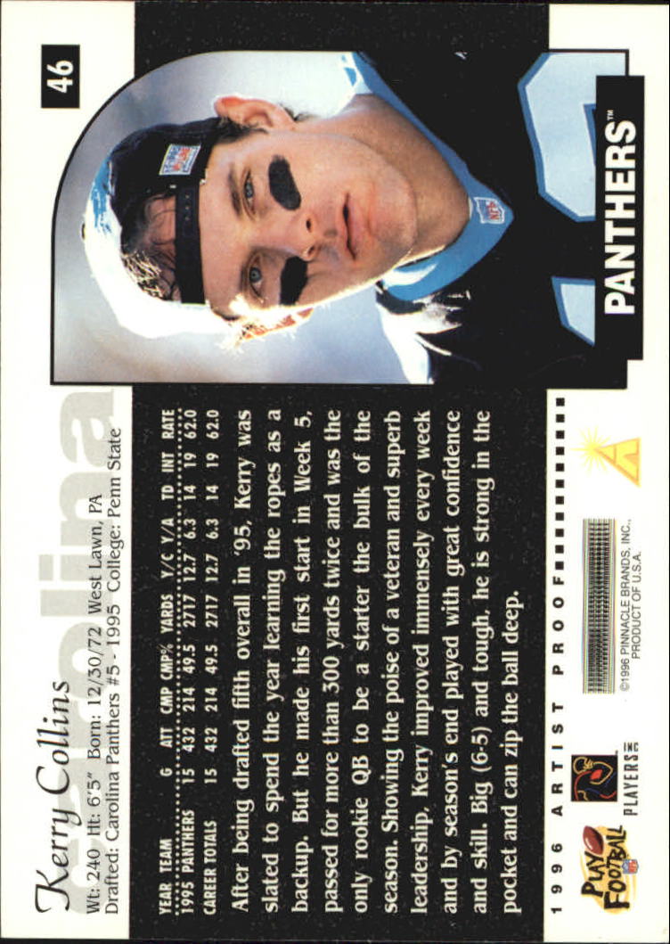 1996 Pinnacle Black 'N Blue Carolina Panthers Football Card #14 Kerry Collins 