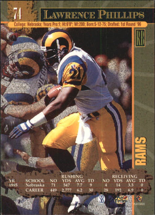 1996 Score Board Lasers #74 Lawrence Phillips RC back image