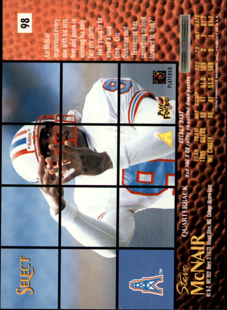 1996 Select #98 Steve McNair back image