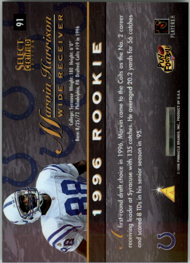 1996 Select Certified #91 Marvin Harrison RC back image