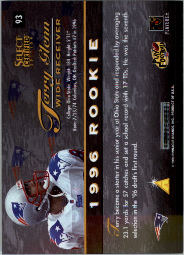1996 Select Certified #93 Terry Glenn RC back image