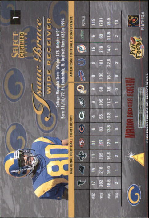 1996 Select Certified Mirror Red Premium Stock #1 Isaac Bruce back image