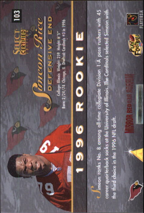 1996 Select Certified Mirror Red Premium Stock #103 Simeon Rice back image
