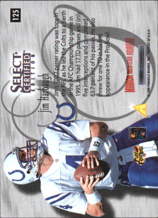 1996 Select Certified Mirror Red Premium Stock #125 Jim Harbaugh SS back image