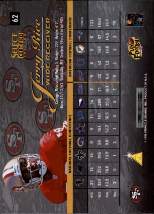 1996 Select Certified Premium Stock #62 Jerry Rice back image