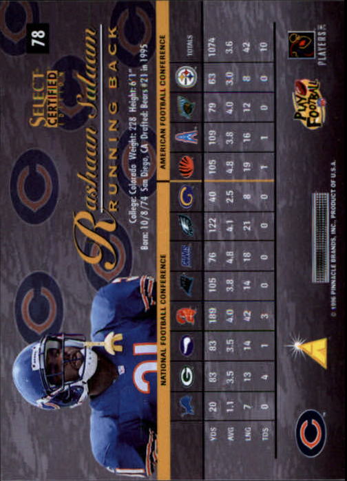 1996 Select Certified Premium Stock #78 Rashaan Salaam back image