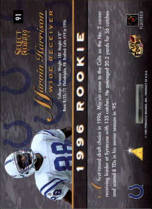 1996 Select Certified Premium Stock #91 Marvin Harrison back image
