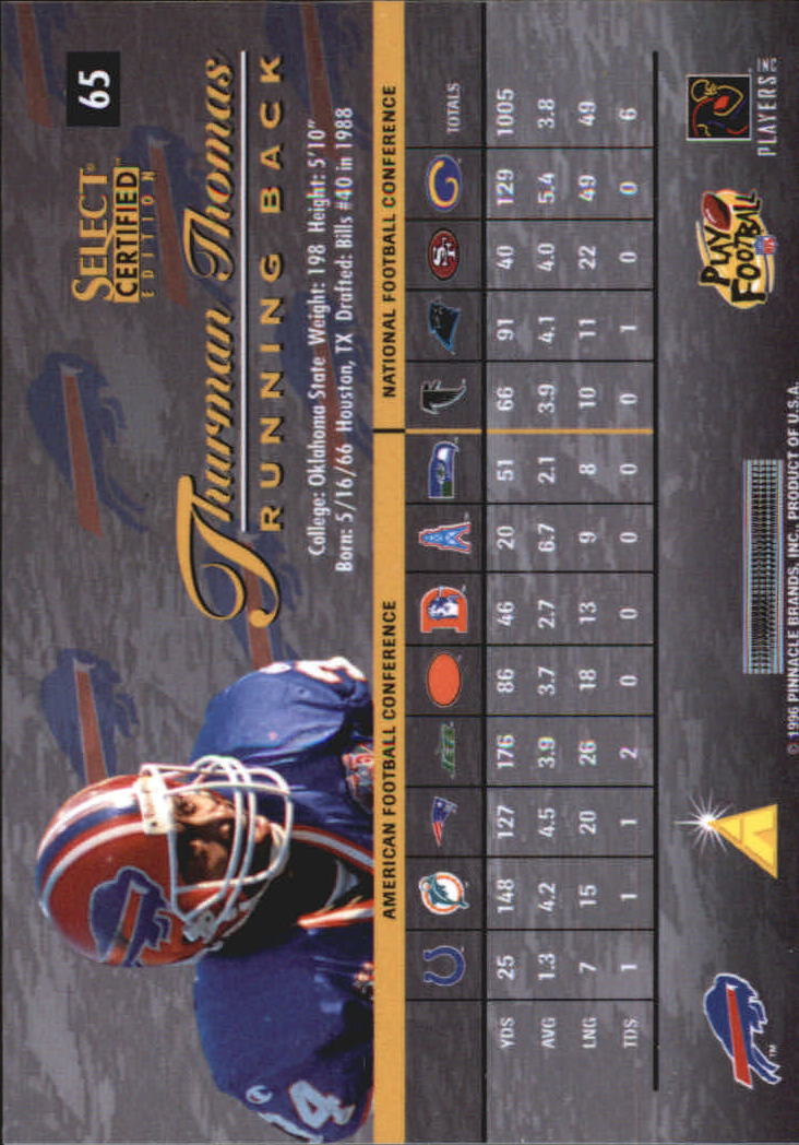 1996 Select Certified Red #65 Thurman Thomas back image