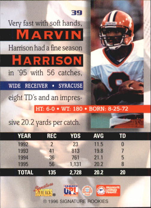 1996 Signature Rookies Autobilia #39 Marvin Harrison back image