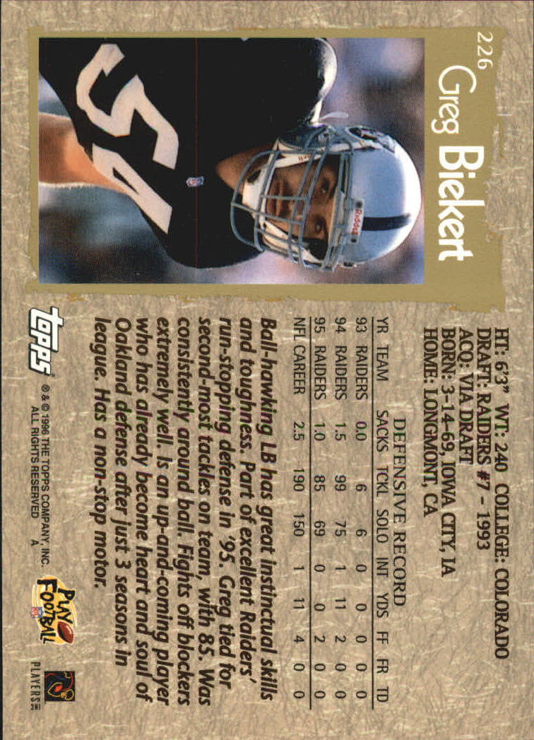 B0473- 1996 Topps Football Card #s 1-250 +Rookies -You Pick - 15+ FREE SHIP - Picture 397 of 439
