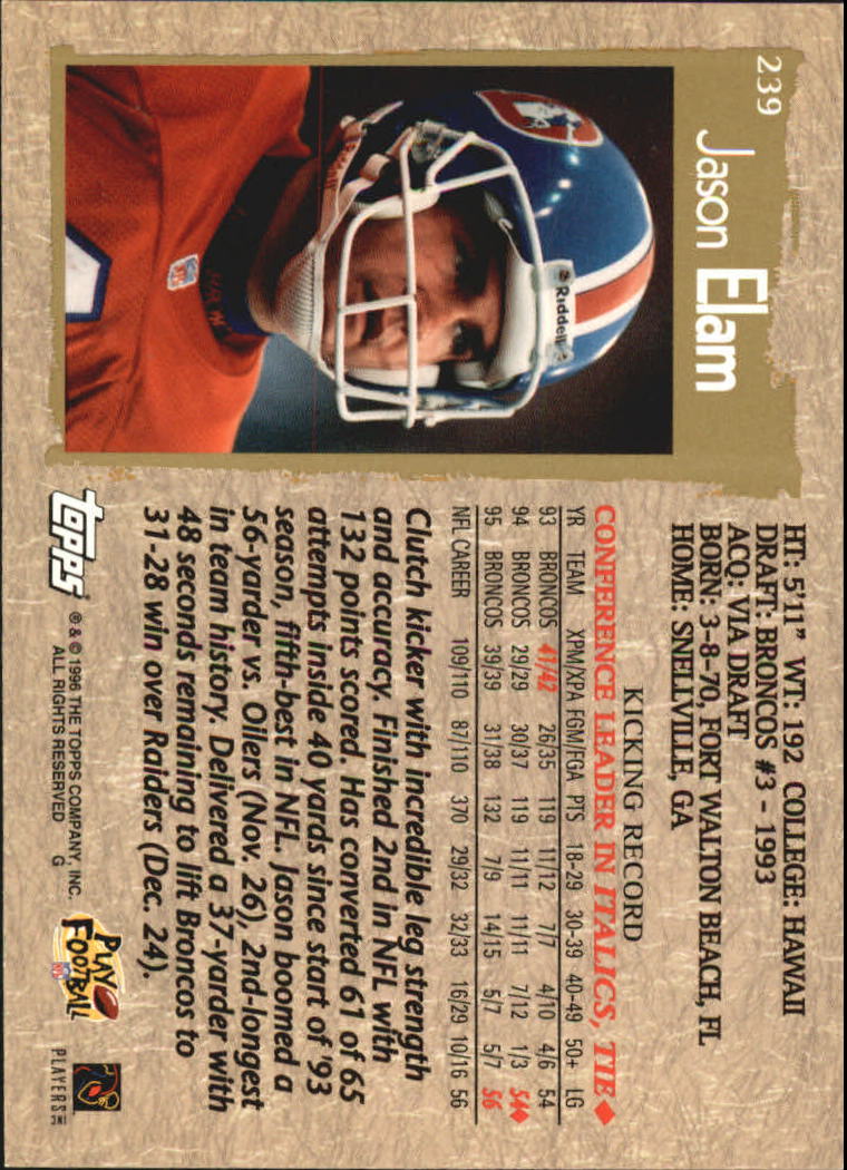 B0473- 1996 Topps Football Card #s 1-250 +Rookies -You Pick - 15+ FREE SHIP - Picture 419 of 439