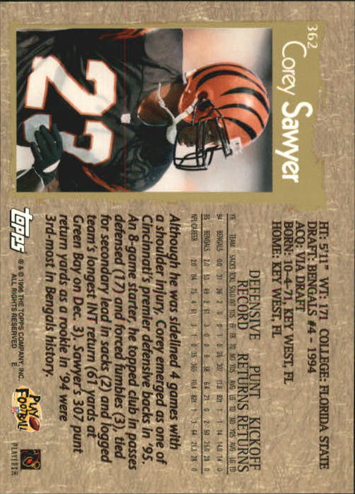 1996 Topps #362 Corey Sawyer back image