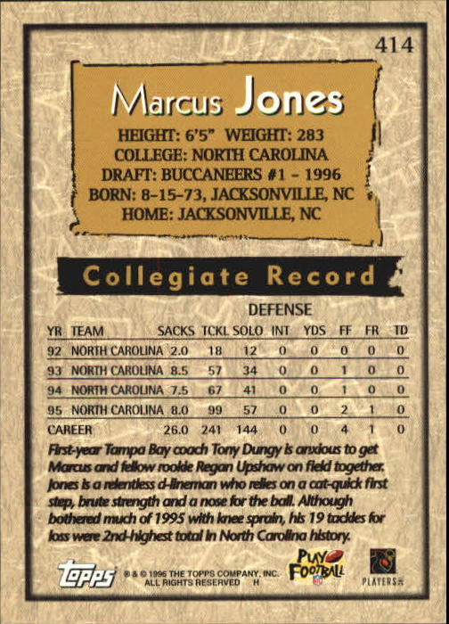 1996 Topps #414 Marcus Jones RC back image