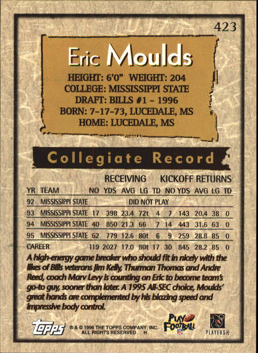 1996 Topps #423 Eric Moulds RC back image