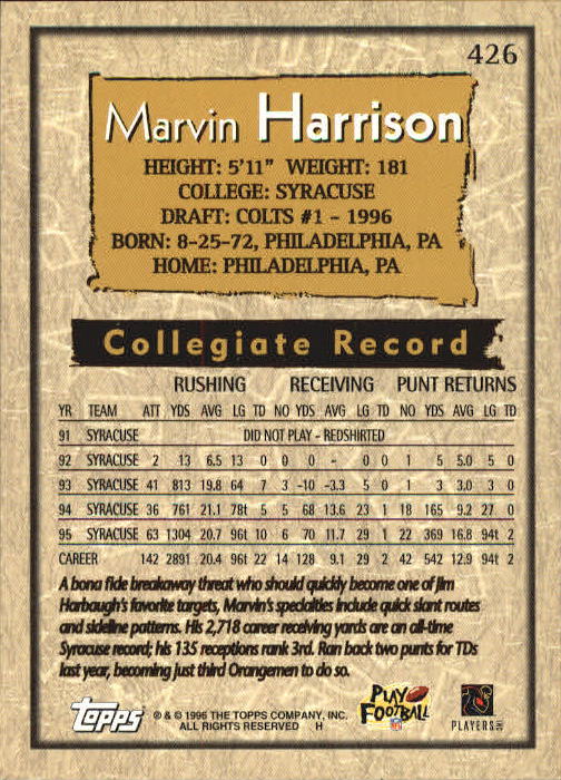 1996 Topps #426 Marvin Harrison RC back image