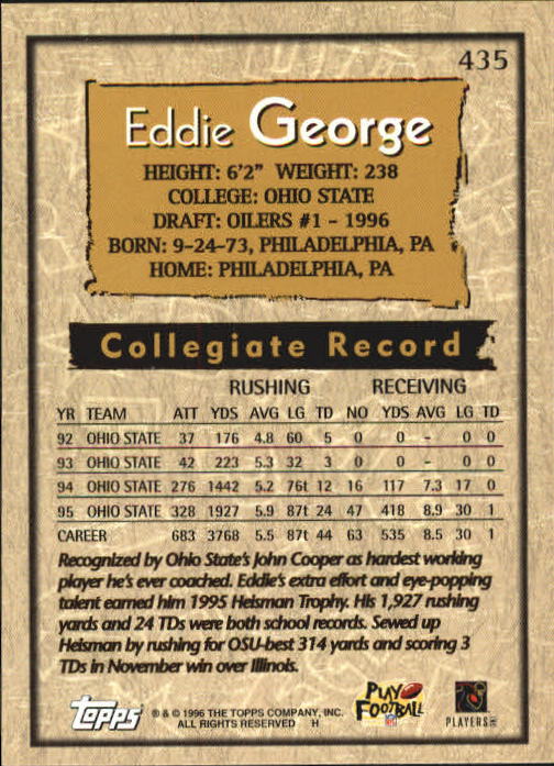 1996 Topps #435 Eddie George RC back image