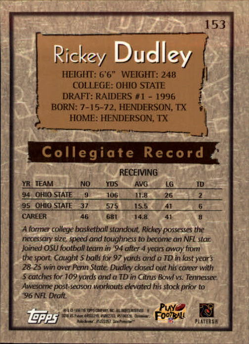1996 Topps Chrome #153 Rickey Dudley RC back image