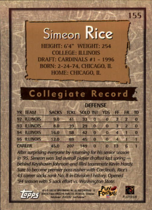 1996 Topps Chrome #155 Simeon Rice RC back image