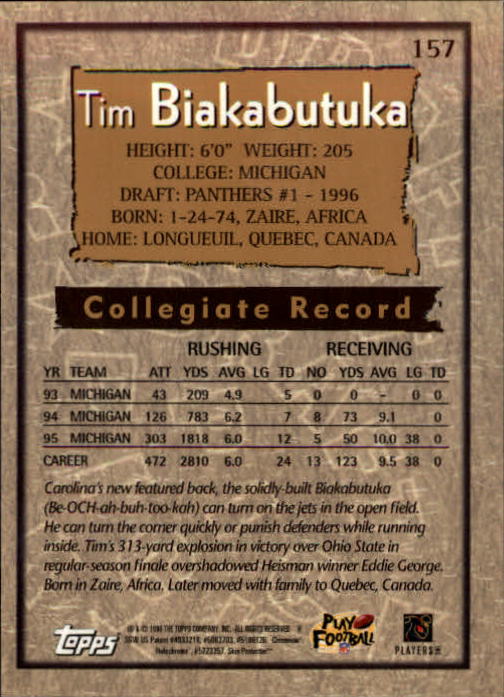 1996 Topps Chrome #157 Tim Biakabutuka RC back image