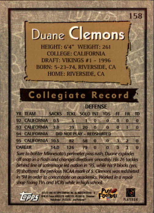 1996 Topps Chrome #158 Duane Clemons RC back image