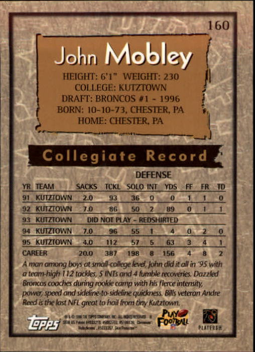 1996 Topps Chrome #160 John Mobley RC back image