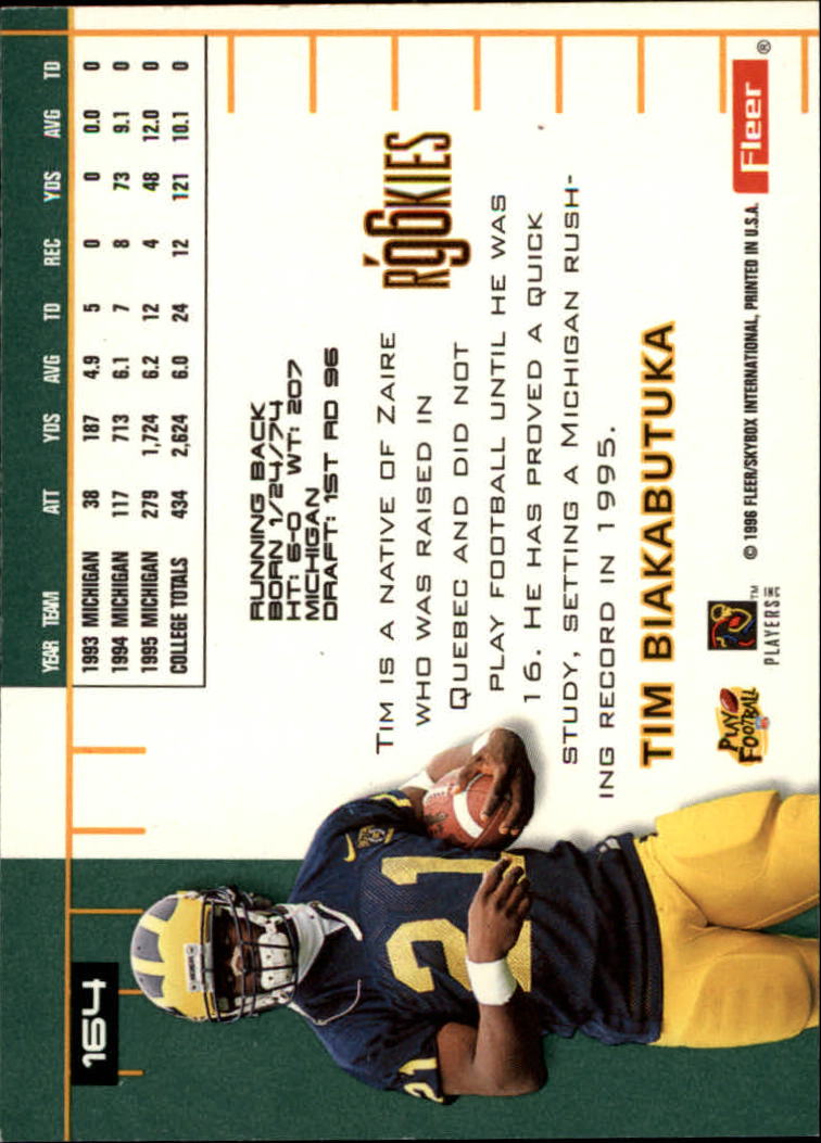1996 Ultra #164 Tim Biakabutuka RC back image