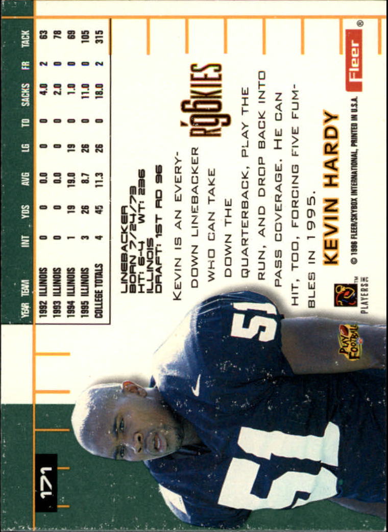 1996 Ultra #171 Kevin Hardy RC back image