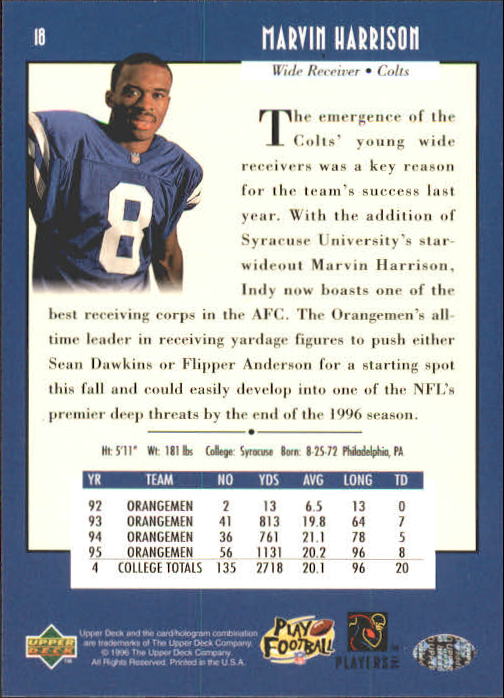 1996 Upper Deck #18 Marvin Harrison RC back image