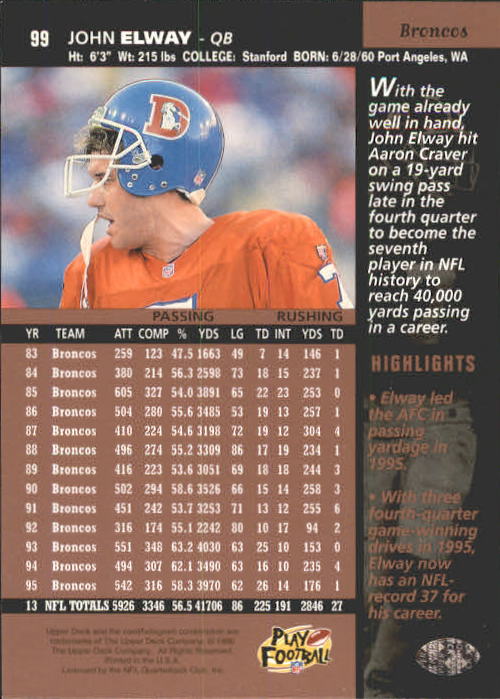 A4272- 1996 Upper Deck Football #s 1-200 +Rookies -You Pick- 15+ FREE US SHIP - Picture 199 of 395