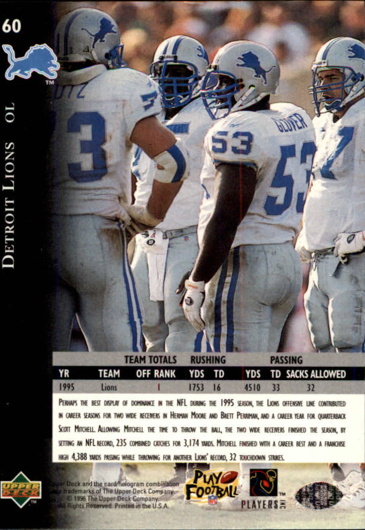 1996 Upper Deck Silver #60 Lions Offensive Line back image