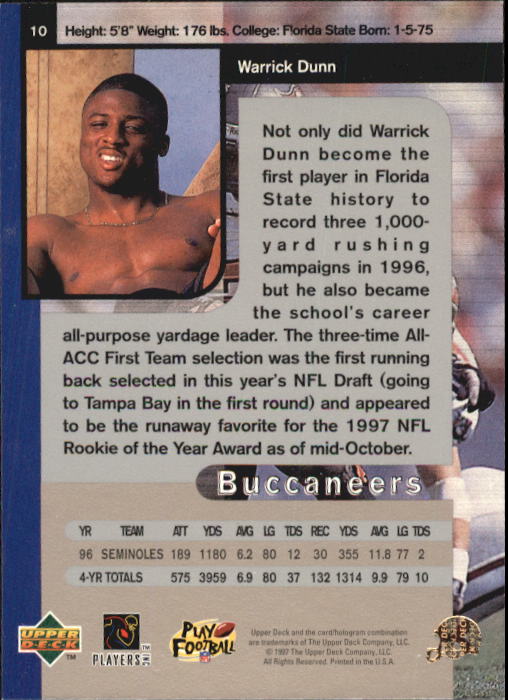 1997 SP Authentic #10 Warrick Dunn RC back image