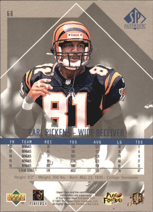 1997 SP Authentic #68 Carl Pickens back image