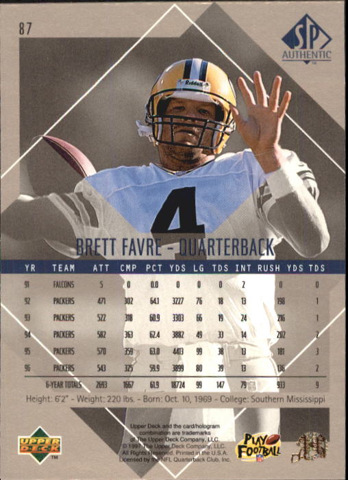 1997 SP Authentic #87 Brett Favre back image