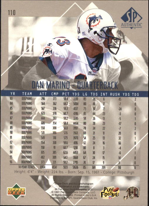 1997 SP Authentic #110 Dan Marino back image
