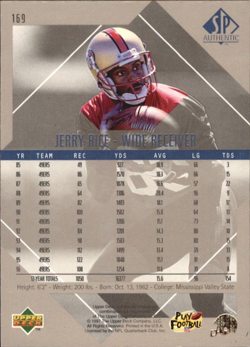 1997 SP Authentic #169 Jerry Rice back image
