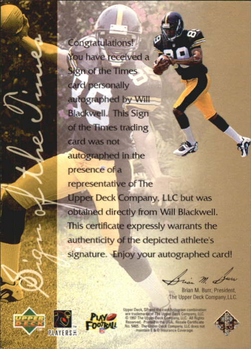 1997 SP Authentic Sign of the Times #6 Will Blackwell back image