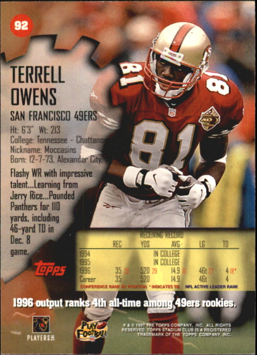 1997 Stadium Club First Day #92 Terrell Owens back image
