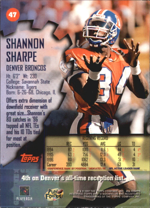 1997 Stadium Club One of a Kind #47 Shannon Sharpe back image